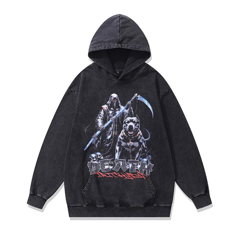 Trendy Brand European And American High Street Doberman Hound Contrasting Color Printing Washing Water Retro Hooded Sweater Men'S Oversize Coat