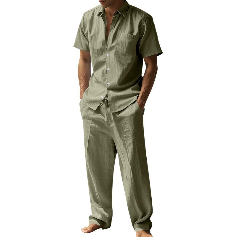 Summer Linen Lapel Short-sleeved Shirt Set Men's, Casual Trousers Two-piece Set, European and American Men's Clothing