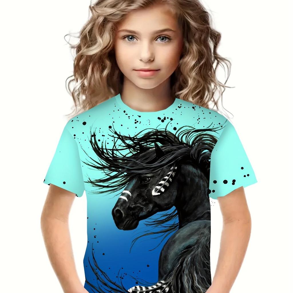 Girls Fashionable 3d Horse Graphic Tee Comfortable Crew Neck Children Girl Short Sleeve Tops Summer Outdoor Kids Clothes