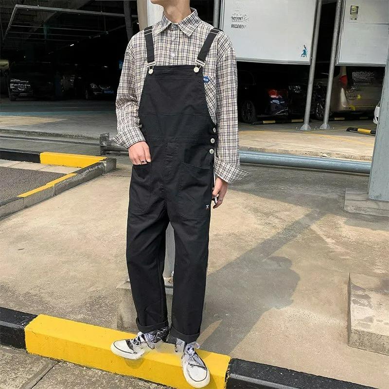 Hong Kong Style Bib Pants Men's Summer Suspenders Korean Version of Loose Straight Nine-point Wide-leg Pants Super Fire Bib Pants