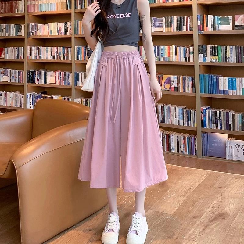 

Ice Silk Skirt Pants for Women s Summer New High Waisted Slim Effect Loose Casual Wide Leg Classic Cropped Pants S рожевий
