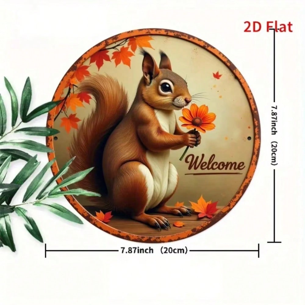 Vintage Squirrel Maple Leaves Metal Tin Sign Rustic Farmhouse Entryway Wall Decor Housewarming Gift