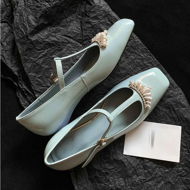 Fashion Flat shoes for women's spring autumn square toe pearl strap low heel Mary Jane women's shoes, shallow mouth luxury ladies shoes