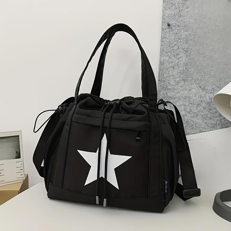Fashion-Forward Star Pattern Colorblock Shoulder Bag Stylish Drawstring Closure for Casual Chic - Adjustable, Multipurpose Design Ideal for School