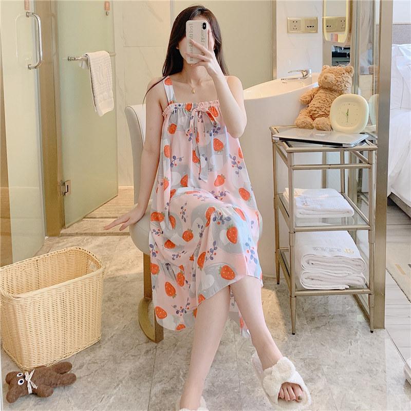 Cotton Nightdress Women'S Summer Thin Pajamasspring And Autumn Cotton Korean Cute Casual Print Dress Loungewear