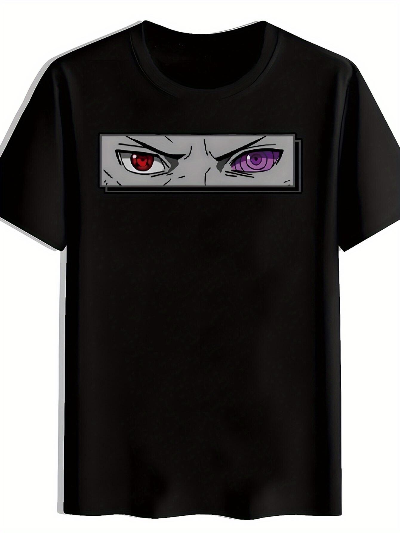 Black T-shirt with Anime-Inspired Eye Graphic - Red & Purple Anime Eyes Design M