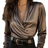 Dark Grey Satin V Neck Long Sleeve Shirt Women's Casual Blouse