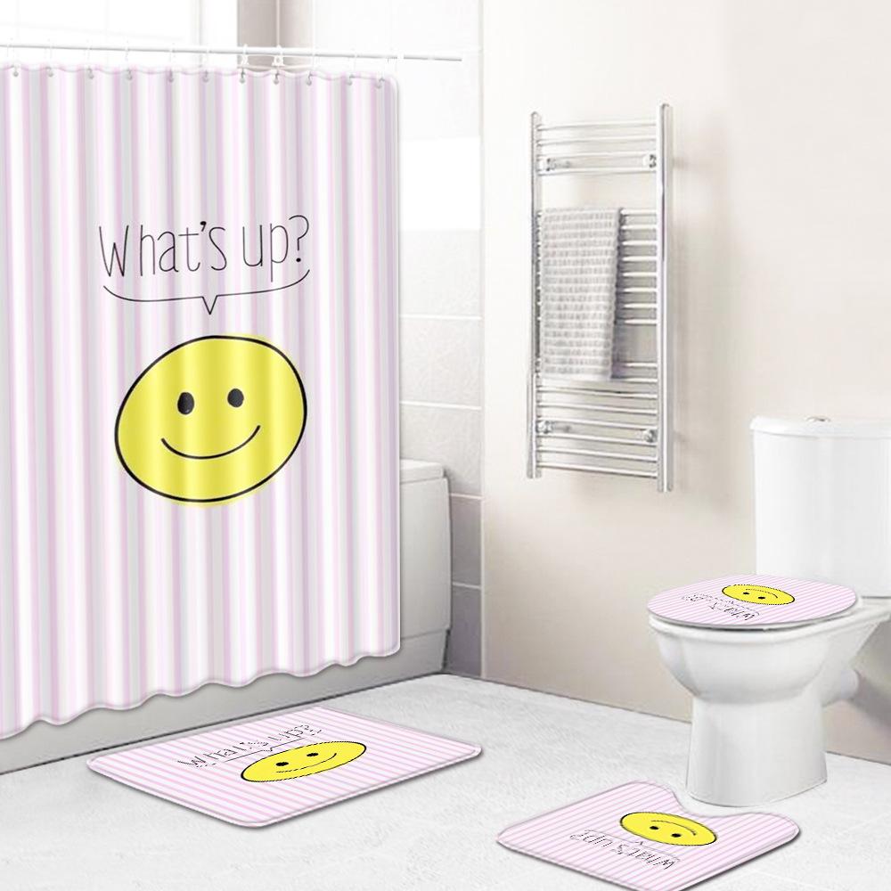 Gestreifte Quadratische Badezimmer Duschvorhang Bodenmatte WC-Deckel Fußmatte Vierteiliges Set
