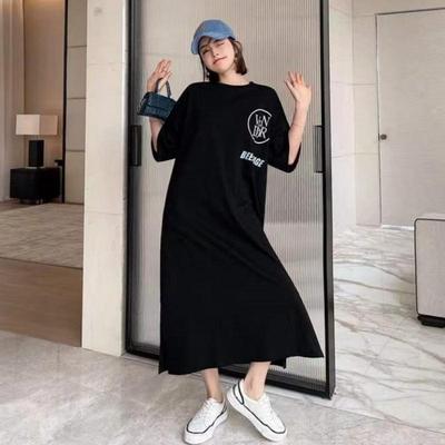 Loose-fitting Large-sized Women's Round-neck Short-sleeved T-shirt Dress, Long Laid-back Style Dress, Knee-length Sleeping Dress