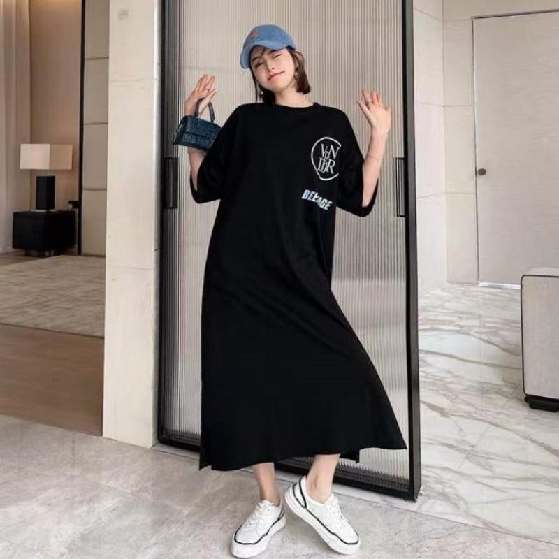 

Женское платье-футболка с коротким рукавом и круглым вырезом, свободного кроя большого размера, длинное платье в непринужденном стиле, платье для сна длиной до колена 4XL чёрный