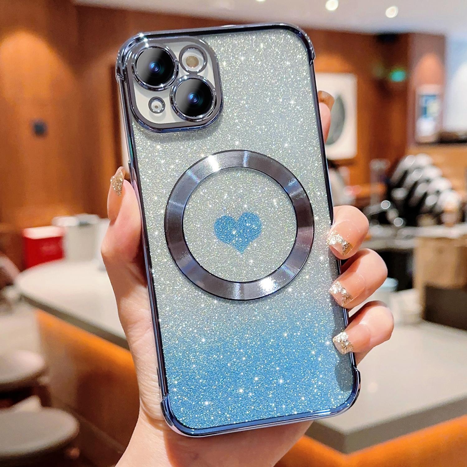 

For iPhone 14 Case Compatible with MagSafe Electroplating TPU Phone Cover Aesthetic Glitter Love Heart Blue