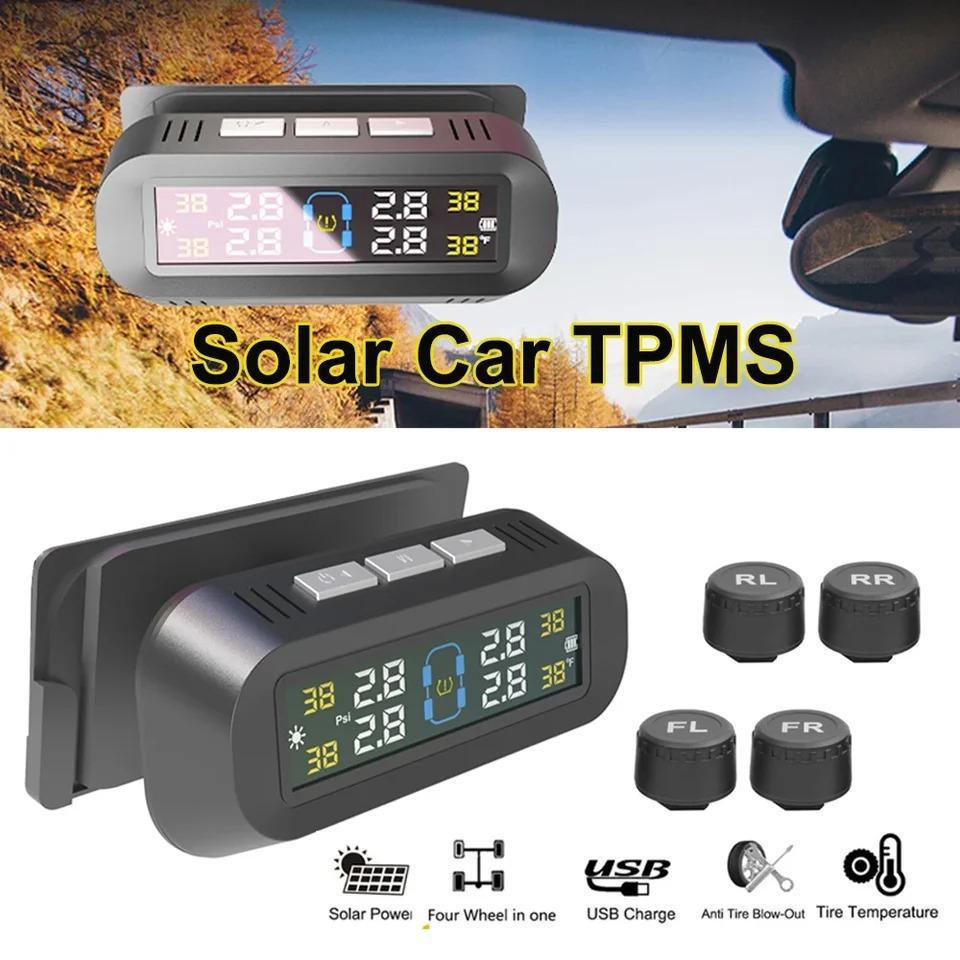 Solar TPMS Tire Pressure Monitoring System Temperature Warning Fuel Save With 4 External Sensors Car Tyre Pressure Monitor