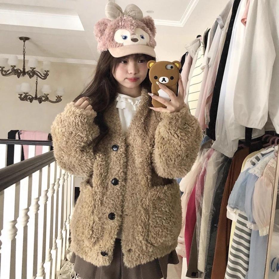 Women's Milky White Lambswool V-Neck Fur Coat - Loose Fit, Slimming Design for Winter