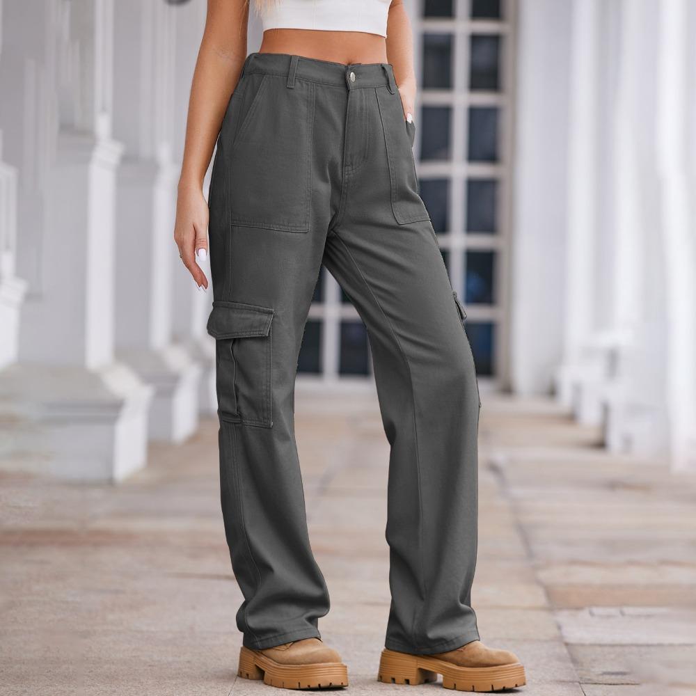 Women's Elastic Waist Straight Leg Long Denim Cargo Pants Street Style Washed Denim Cargo Trousers