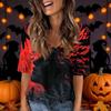 Women's Casual V-Neck Short Sleeve Blouse with Halloween Print