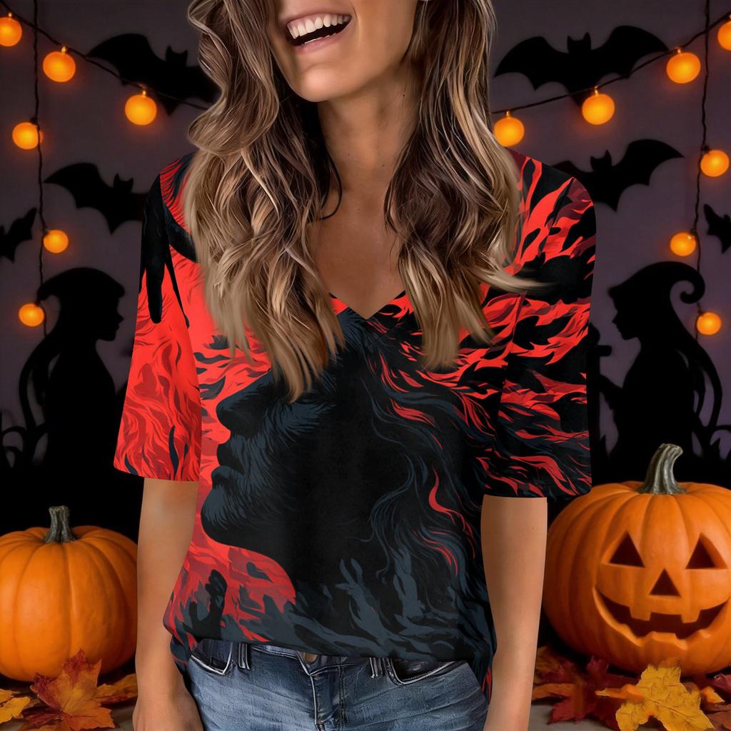 Women's Casual V-Neck Short Sleeve Blouse with Halloween Print