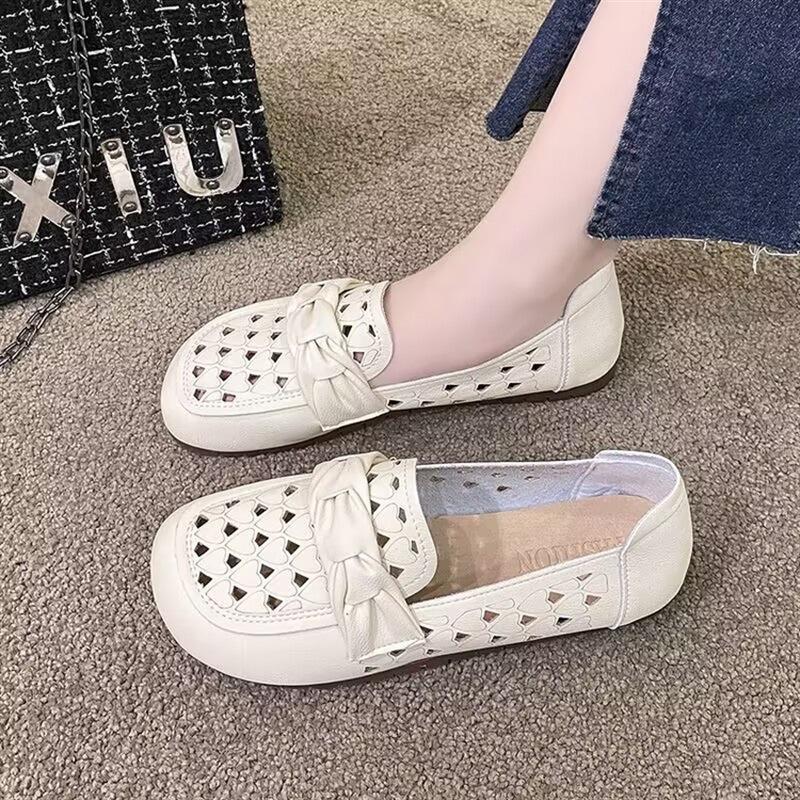 Breathable and Comfortable Soft Leather Flats, Summer Hollow Sandals, New Soft-soled Casual Temperament, One-pedal Doudou Single Shoes