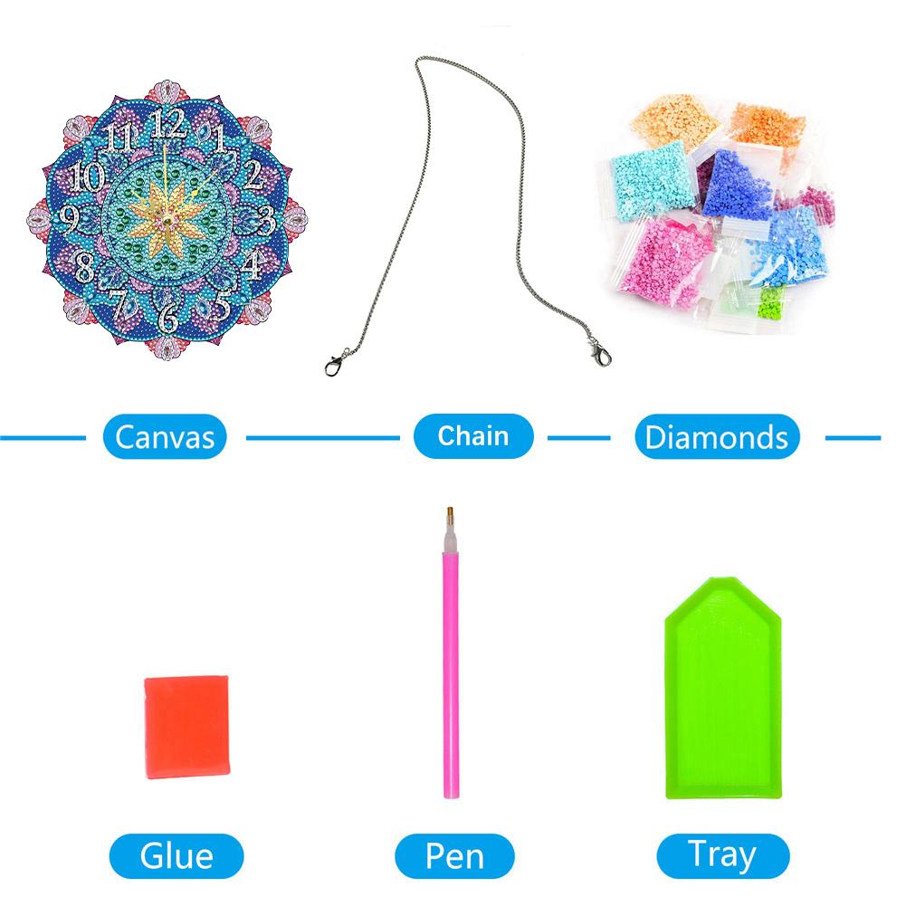 2D Flat DIY Mandala Wooden Diamond Painting Ornament with Clock Function 5D Hanging Clock Art Craft for Living Room Decoration