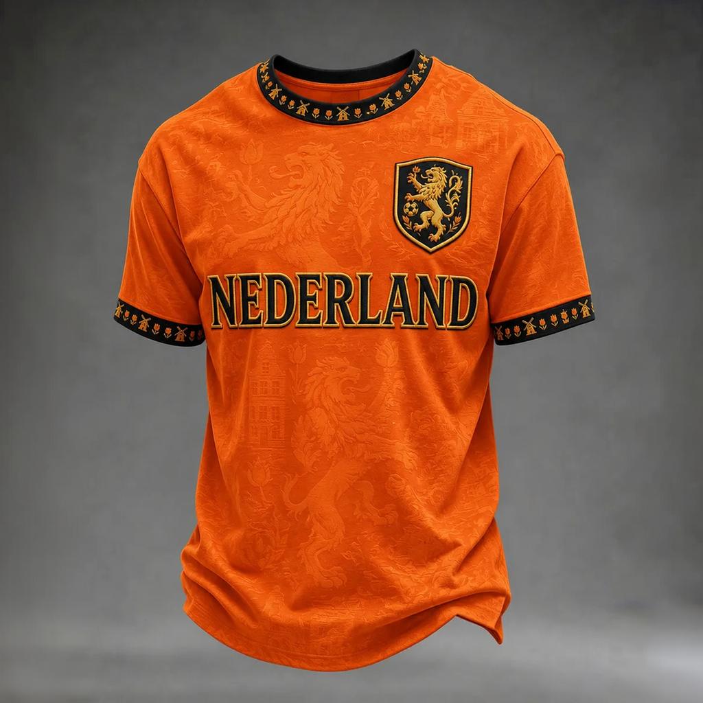 Men's Casual Printed Short Sleeve T-Shirt with Netherlands Letter Graphic, Lightweight Breathable Round Neck