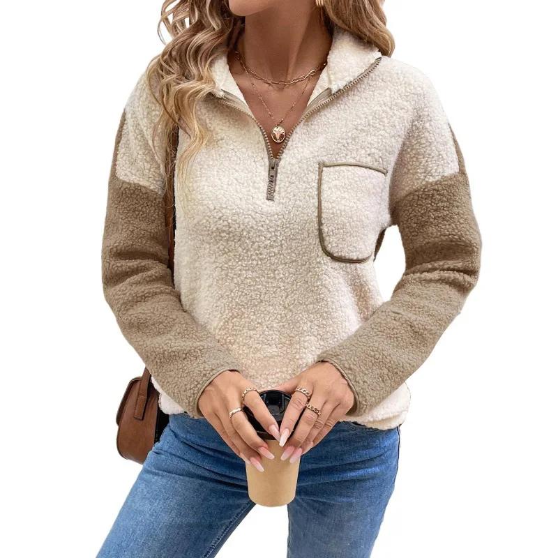 2025 New Autumn/Winter Casual Sweatshirt Long Sleeve Stand Collar Color Block Warm Fleece-Lined Sweatshirt From China