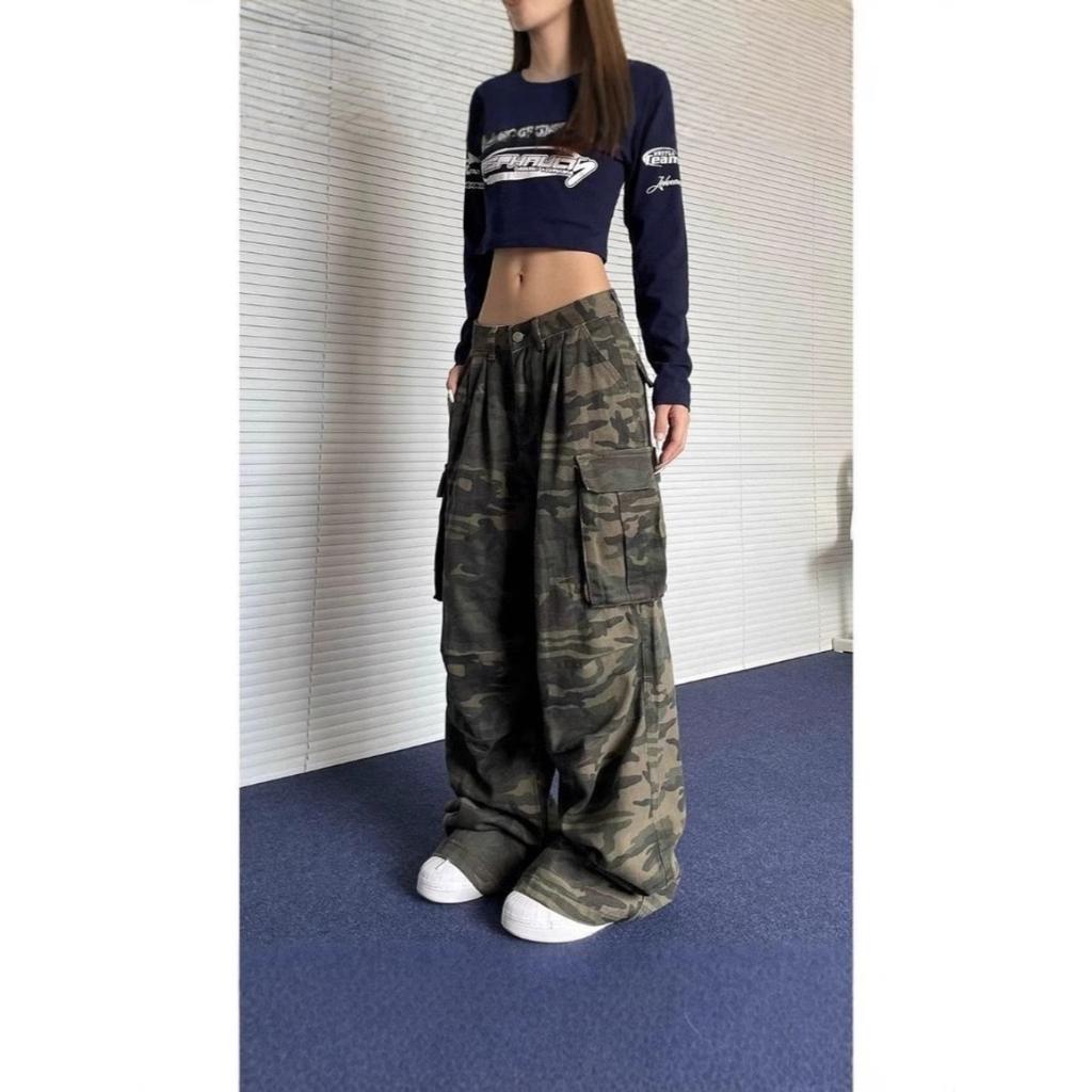 LUXEON Militärgrüne Damenjeans Hohe Taille Vintage Gerade Baggy Y2K Denimhose Hip Hop Amerikanische Mode Weiter Bein Denimhose