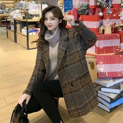 Women Fashion Plaid Overcoat Double Breasted Turn-down Collar Woolen Vintage Loose Casual Fashion Autumn Plus Size