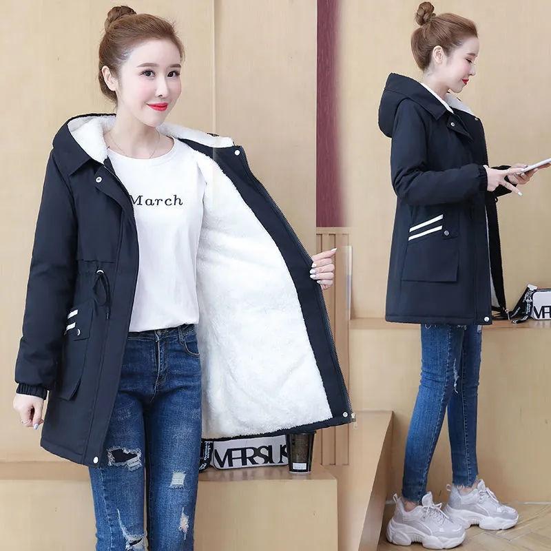 Thicken Windbreaker Women's Long Coat Winter Loose Hooded Jacket Autumn Casual Plus Velvet Female Black Trench Outwear Plus Size