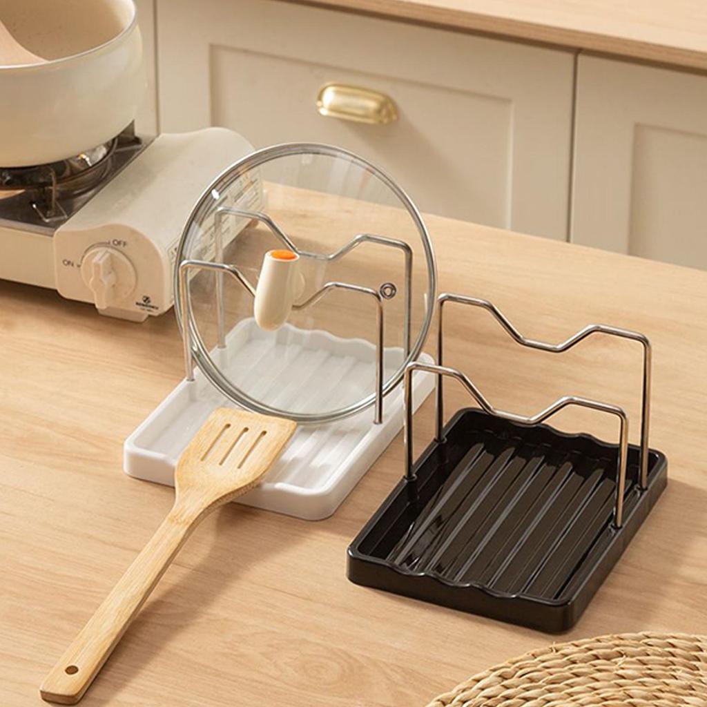 Space-Saving Pot Lid Organizer With Drip Tray Keeps Countertops Dry & Tidy Holds Lids & Spoons Sturdy Stand For Stovetop Cooking