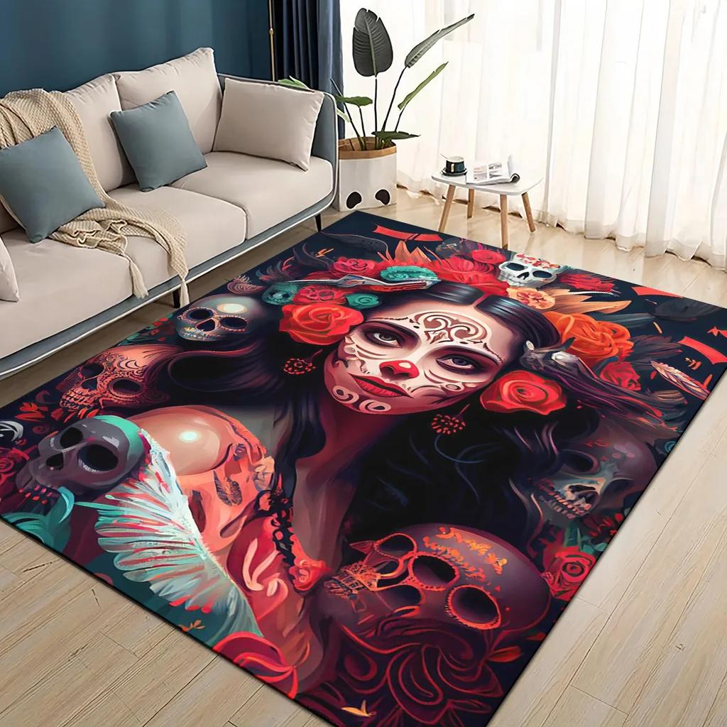 Covor Rug 3D Craniu Gotic Față Trandafir Femeie Desen Animat Groaznic pentru Sufragerie Dormitor Casă Decor Canapea, Covoraș de Podea Antiderapant pentru Copii