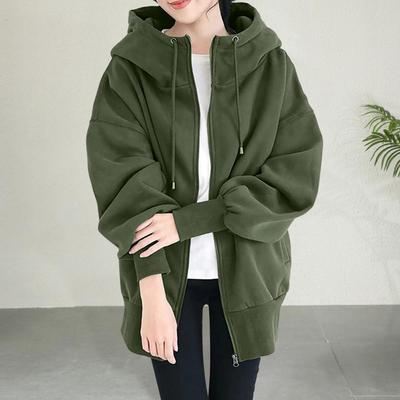 Women Thick Coat for Autumn Winter Warmth Solid Color Mid-Length Fleece Jacket with Pockets Loose Zipper Hooded Coat for Daily W