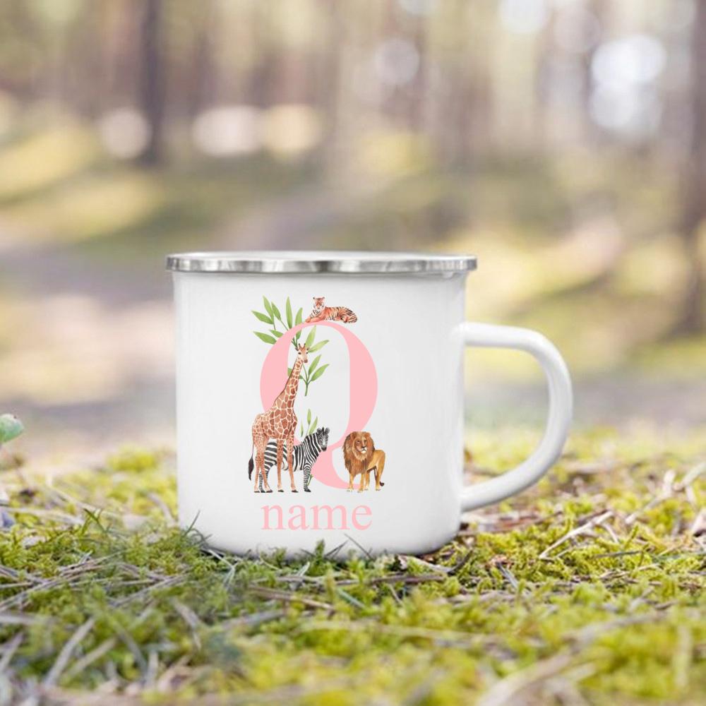 Personalized Safari Animal Initial with Name Cup Custom Wild Party Juice Milk Mug Kids Handle Cup Birthday Favors Gift for Girls