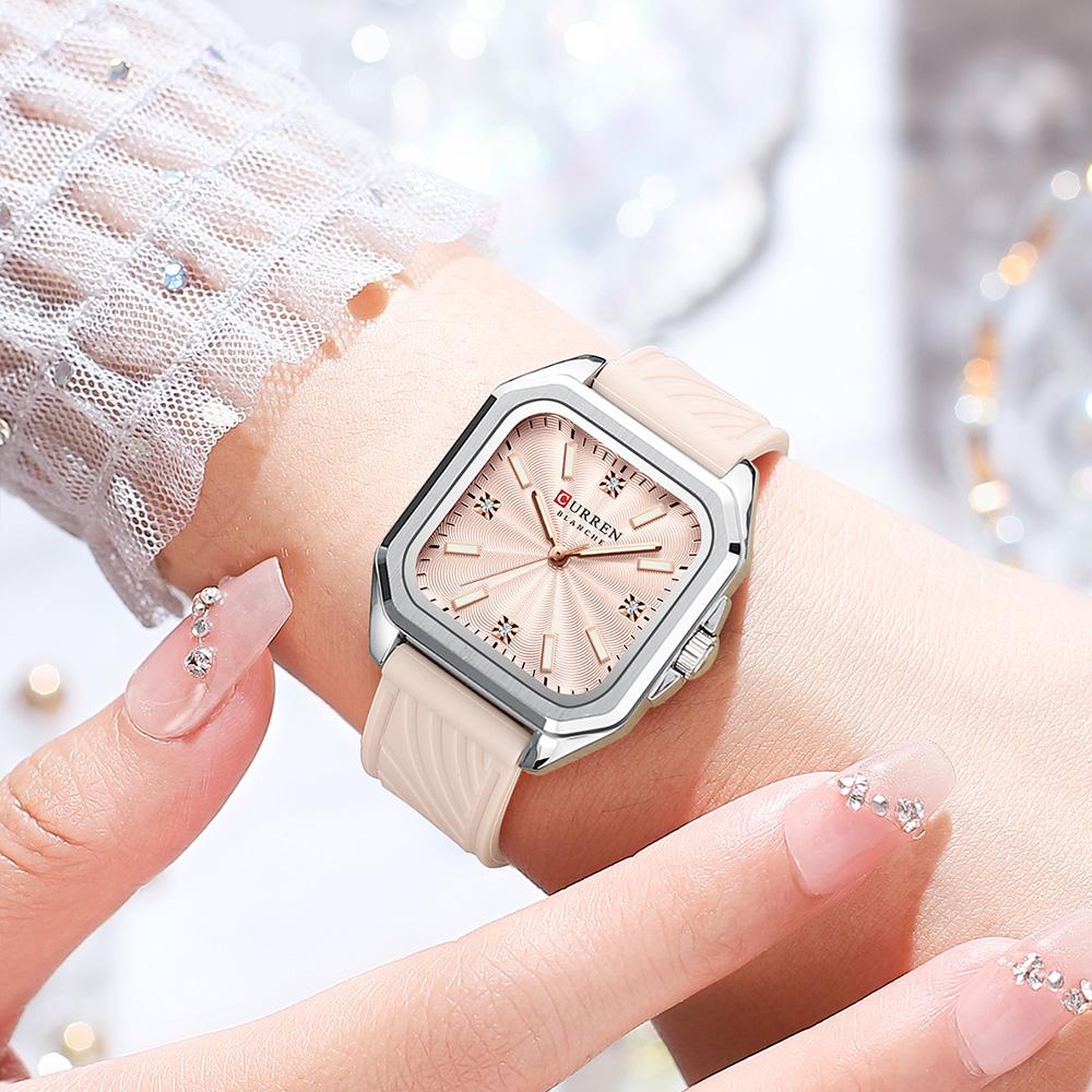CURREN Elegant Women's Watches Luxury Women's Fashion Quartz Watches Silicone Band Square Dial Watches Ideal Gift for Women