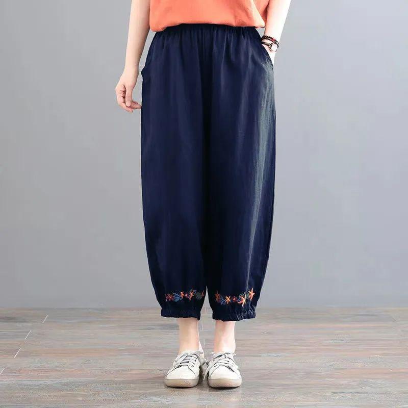 

95% Cotton Retro Plus Size Artistic Cropped Harem Pants - Stylish Women s Solid Color Linen Casual Wear M (for up to 105 lbs) темно-синий