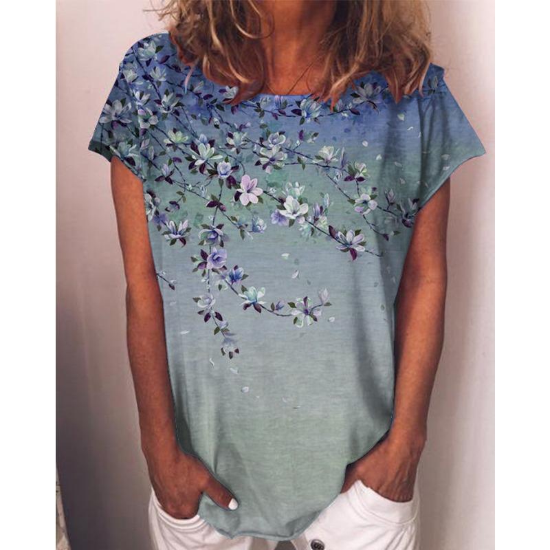 Women's Watercolor Painting 3D Floral Print Round Neck Pullover with Rolled Edges Short Sleeved T-shirt