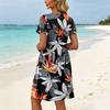 Women Short Sleeve Casual Dress with Floral Print Round Neck Waist Tie and Pockets Lightweight Summer Dress