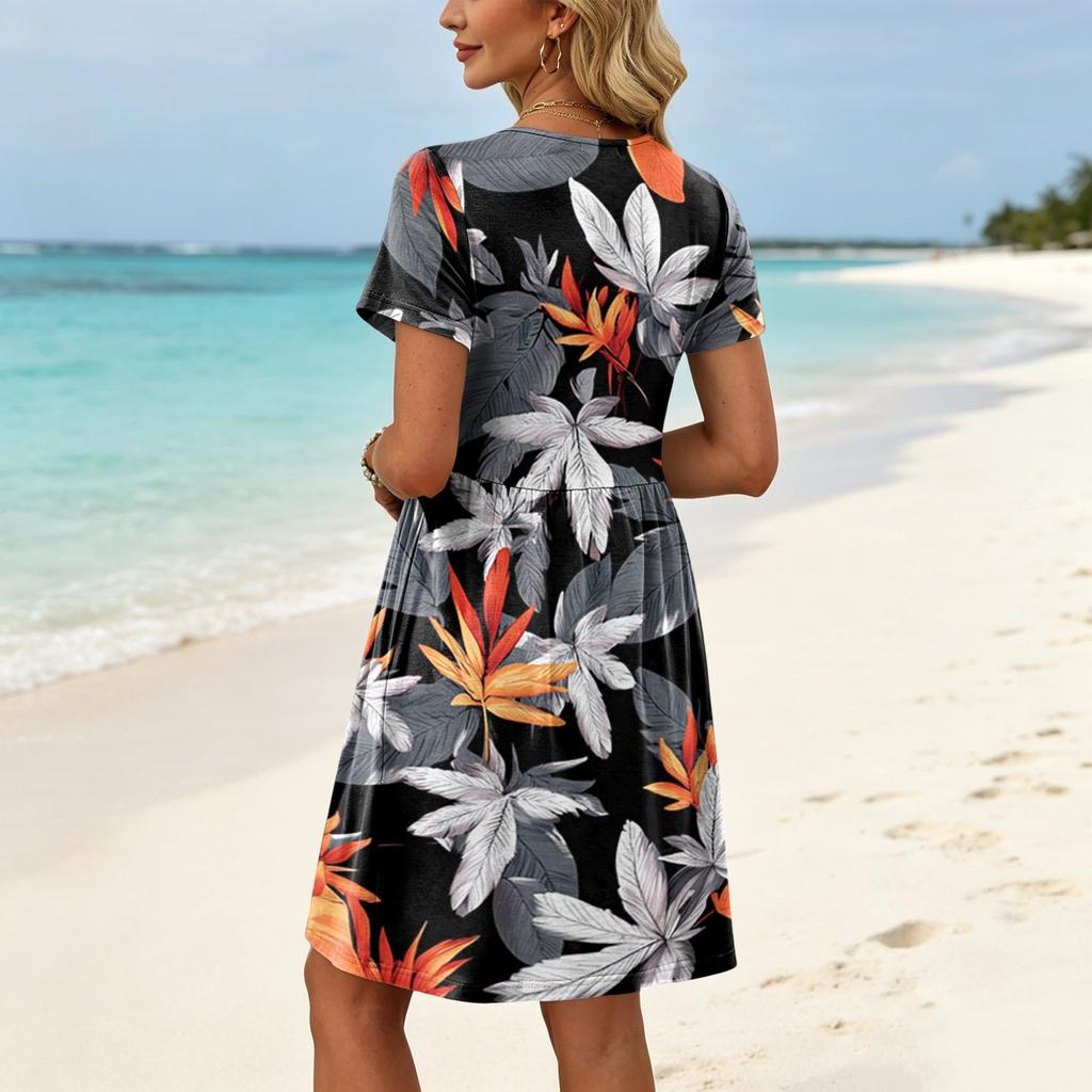 Women Short Sleeve Casual Dress with Floral Print Round Neck Waist Tie and Pockets Lightweight Summer Dress
