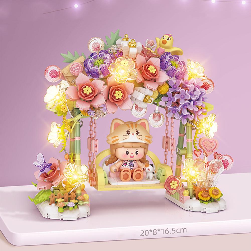 Romantic Flower Swing Building Block With Lights Creative DIY Simulation Architecture Building Bricks Toy Gifts For Kids