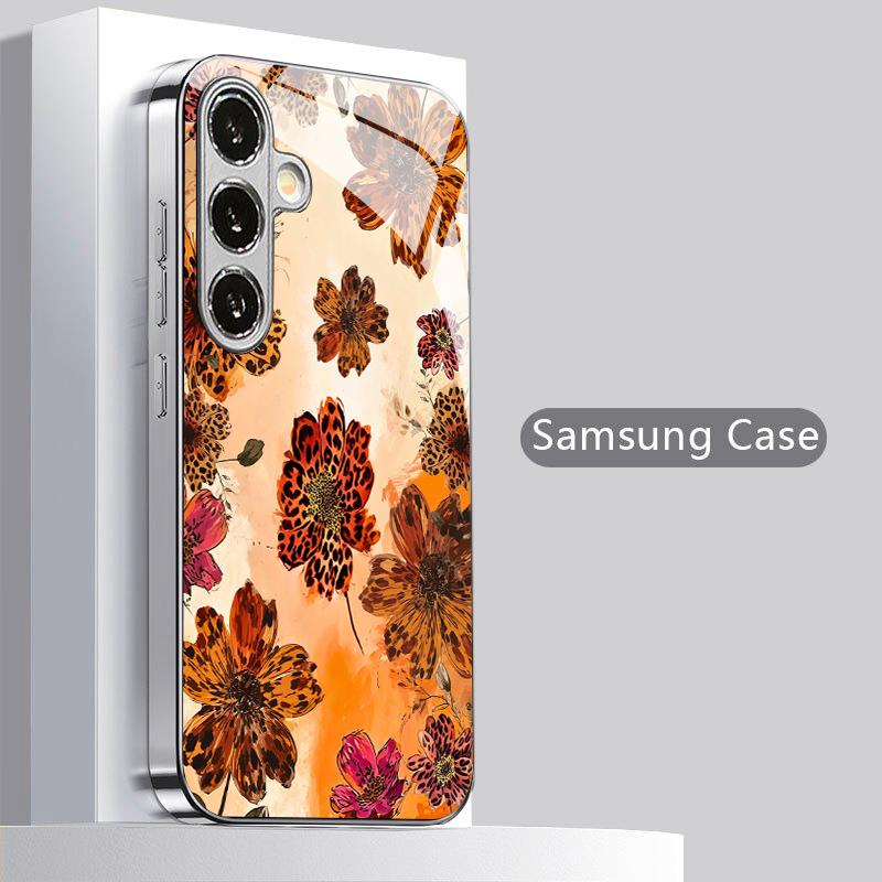 Lion Print Floral Pattern 2D Phone Case for Samsung S26 S25 S24 S23 S22 S21 S20 A56 A36 A16 Electroplated Glass Protective Cover
