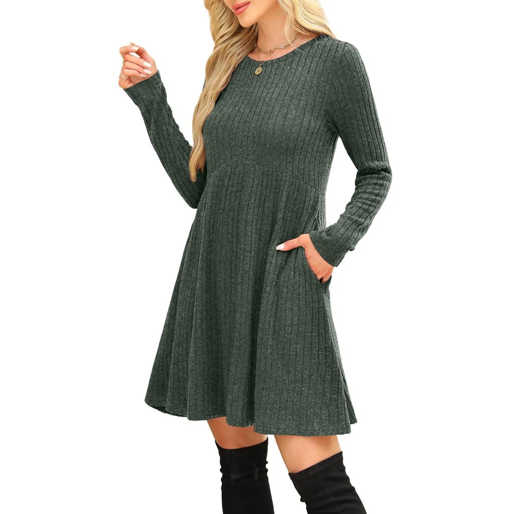 Women's Long-sleeved, Round-neck, High-waisted, Pocketed, Striped Dress