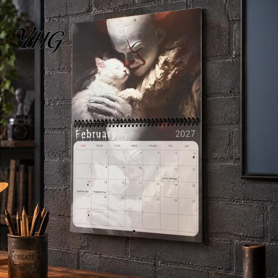 Wall Decoration for Studio 2027 Halloween Horror Movie & Cats Calendar, Creative Spiral Spooky Film Poster Bound Planner with Hanging Hole, Niche Fan