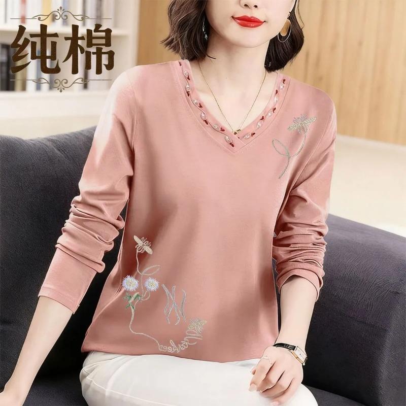 Bluze la modă cu mânecă lungă pentru femei Tricouri cu flori brodate cu decolteu în V Slim Fit și pulovere noi de toamnă