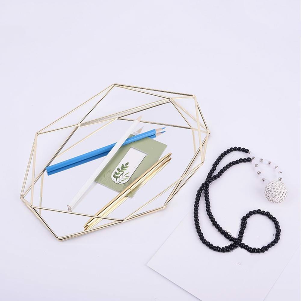 Three-dimensional Wrought Iron Storage Tray Nordic Minimalist Rose Gold Mirror Bottom Hexagonal Tray Home Decoration