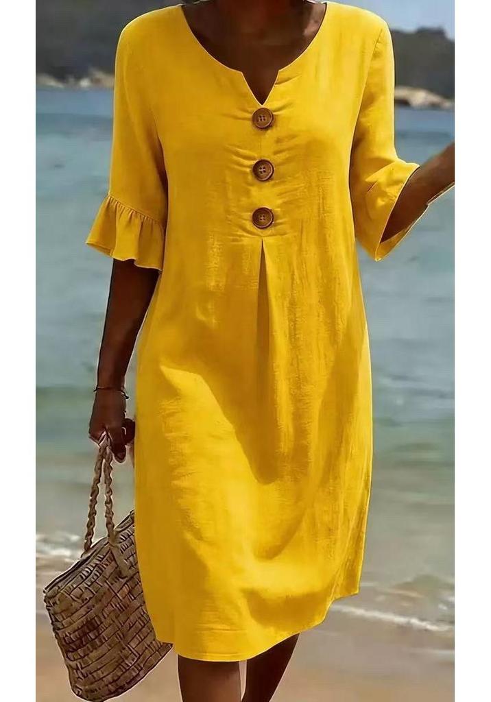 2026 European V-neck Cotton Linen Dress with Ruffle Sleeves and Big Button Design for Women - Spring/Summer Collection