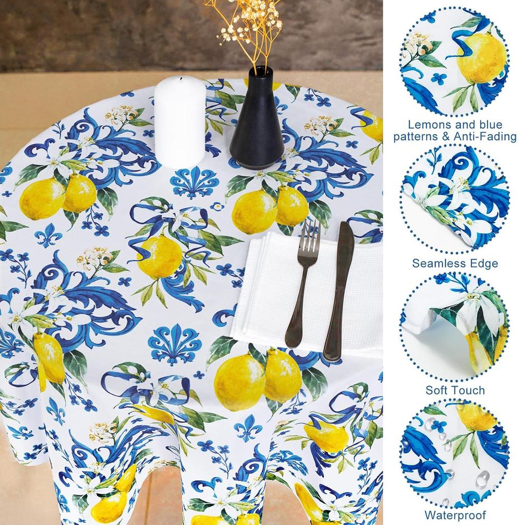 Zitronen Runde Tischdecke Italienische Zitronen Stoff Tischdecke Waschbar Frühling Sommer Tischdecke