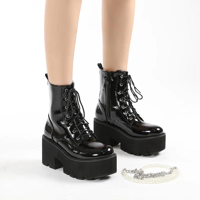 Ankle Boots Women's Punk Style Platform Shoes Lace-up Winter Gothic Booties Chelsea Patent Leather Round Head Chain Zipper Sexy