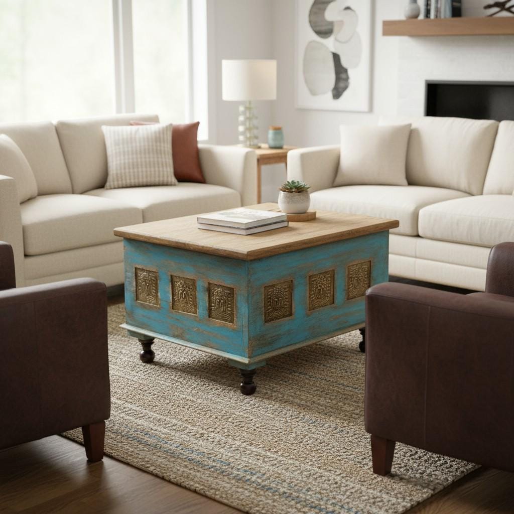 Wooden Trunk Chest Coffee Table Box Blue Distressed Storage Chest with Carved Brass Panels Budha Handcrafted Storage Distressed Blue Chest