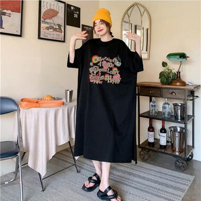 Women's Letter Casual Short-sleeved T-shirt Dress Loose Size Medium Length Over The Knee Slit Dress