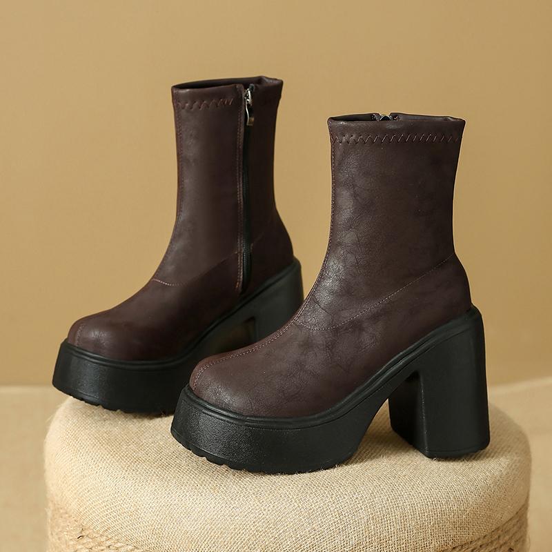 Block Heel Platform Skinny Elastic Boots European and American Retro Super High Heel Small Man Platform Hate Sky High Booties