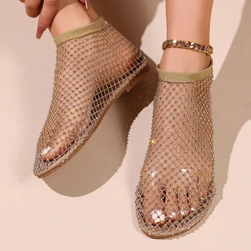 Summer Large Size Women Round Toe Flat Bottom Sandals Hollow Short Boots Water Diamond Sexy Flat Bottom Fashion Banquet Slippers