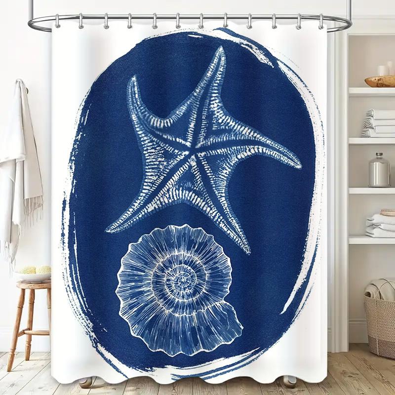Blue Marine Life Shower Curtain with Starfish Design for Bathroom Decor in Home Garden